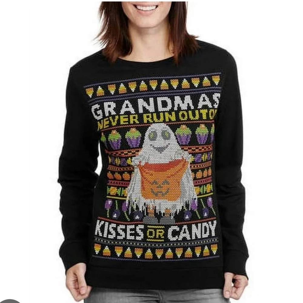 Halloween Women's Black Grandma Kisses or Candy Sweatshirt Size XL